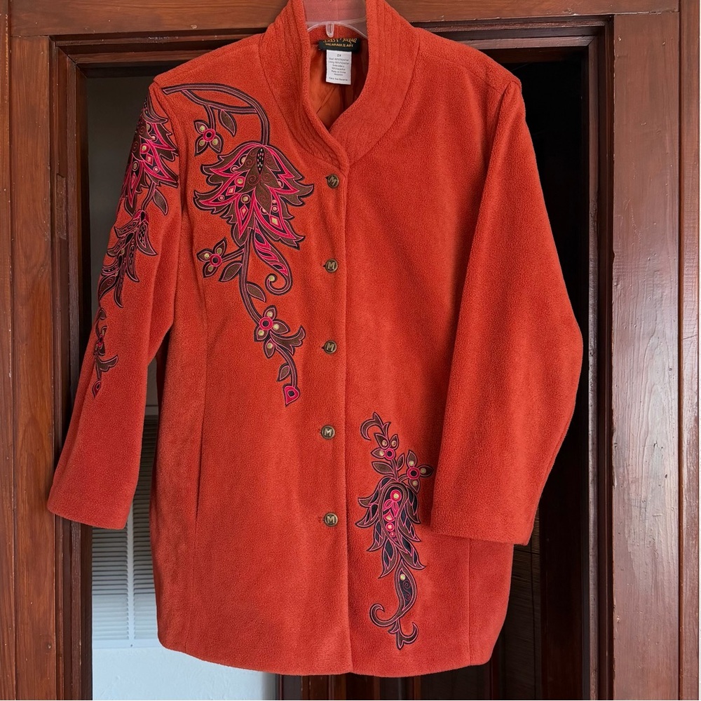 Vintage Bob Mackie Jacket Wearable Art Orange Fleece Embroidered Floral 2X Boho